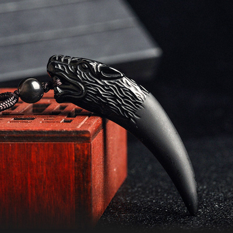 Buddha Stones Collana con ciondolo in ossidiana nera naturale, ossidiana di ghiaccio, ossidiana arcobaleno con motivo a dente di lupo e forza. - image 4