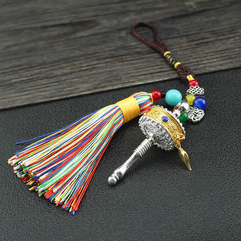 Tibet Om Mani Padme Hum Ruota di preghiera Borsa con nappa Decorazione da appendere all'auto