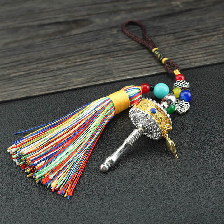 Tibet Om Mani Padme Hum Ruota di preghiera Borsa con nappa Decorazione da appendere all'auto