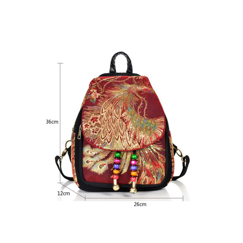 Zaino in tela con nappa e ricamo di pavone Buddha Stones