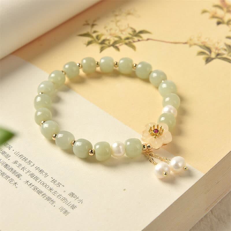 Braccialetto di abbondanza di felicità con perle e fiori di giada di Hetian