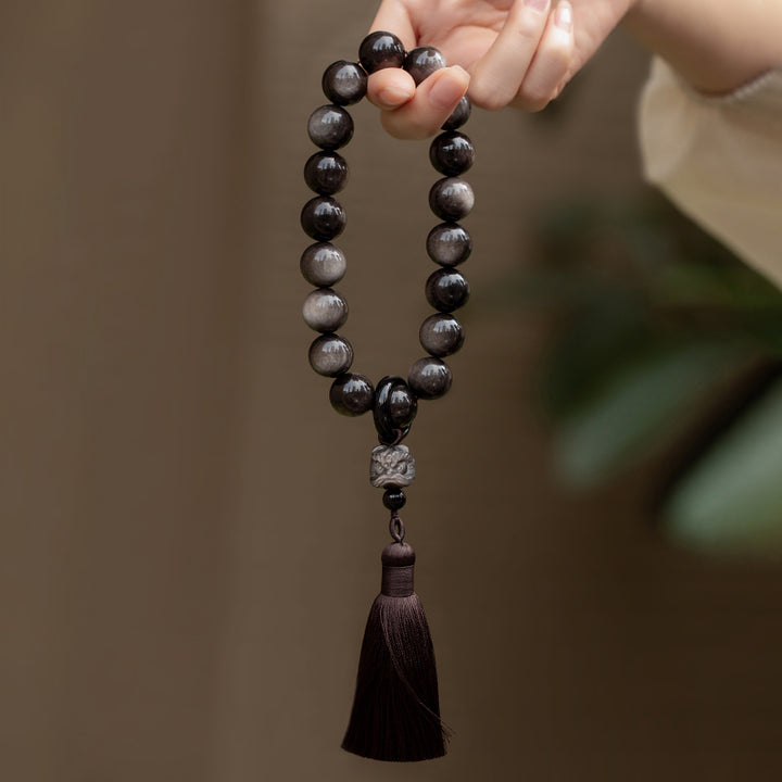 Buddha Stones Argento naturale Ossidiana lucida Ossidiana nera Leone Mala da polso Protezione Nappe Mala tascabile Decorazione per auto