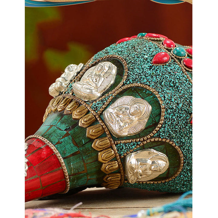 Shankha tibetano fatto a mano Om Mani Padme Hum Buddha Avalokitesvara Turchese Conchiglia Decorazione positiva