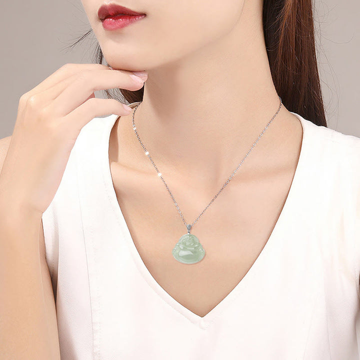 Collana con ciondolo a Buddha Stones in argento sterling 925, giada naturale, Buddha che ride, prosperità e abbondanza