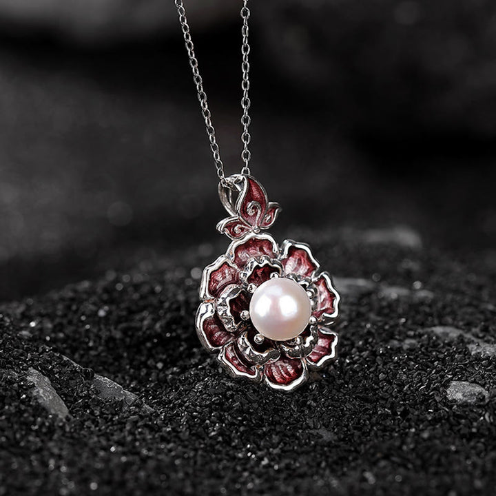 Collana con ciondolo in argento sterling 999 con perle e peonia, Buddha Stones