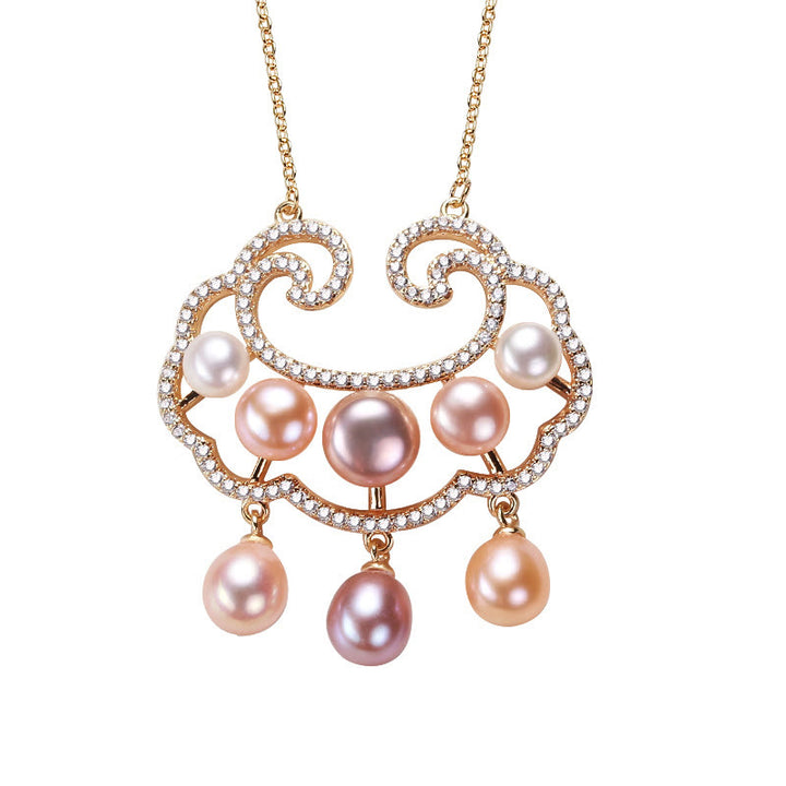Collana con ciondolo con lucchetto cinese in perle naturali placcate in oro 18 carati, motivo : Buddha Stones