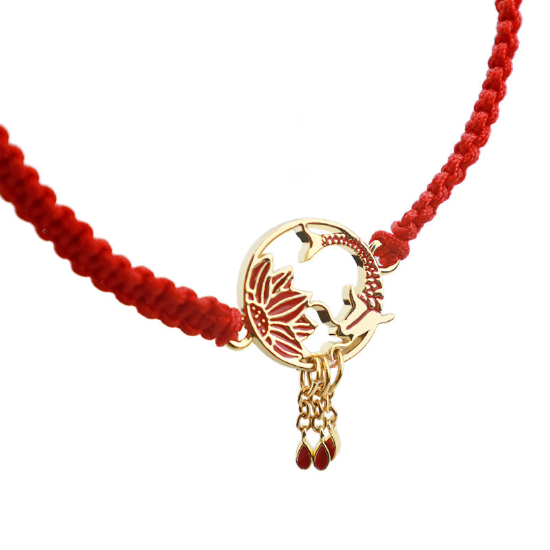 Braccialetto portafortuna rosso con corda, fatto a mano in Buddha Stones, tibetano, con pesce di loto e carpa koi