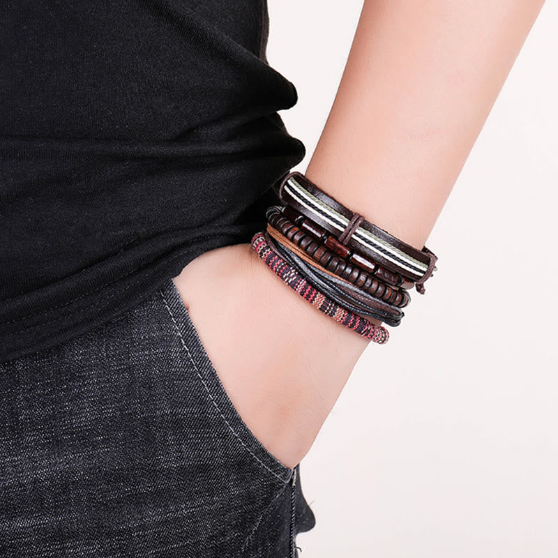 Bracciale in pelle con perline di legno e corde di canapa avvolte in Buddha Stones