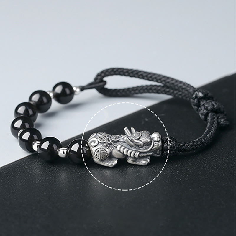 Buddha Stones 999 Sterling Silver FengShui PiXiu Ossidiana nera naturale 925 Sterling Silver Bead Strength Bracciale