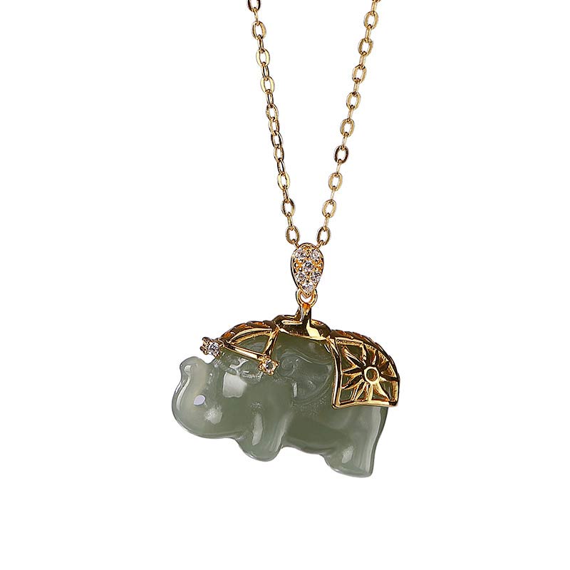 Collana con ciondolo a forma di elefante in argento sterling 925 con Buddha Stones e giada, benedizione e fortuna