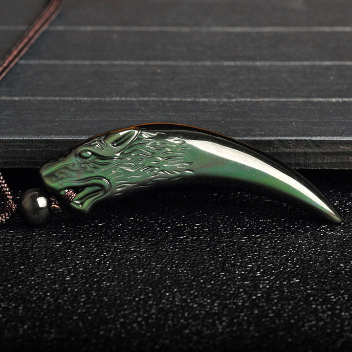 Buddha Stones Collana con ciondolo in ossidiana nera naturale, ossidiana di ghiaccio, ossidiana arcobaleno con motivo a dente di lupo e forza. - image 18