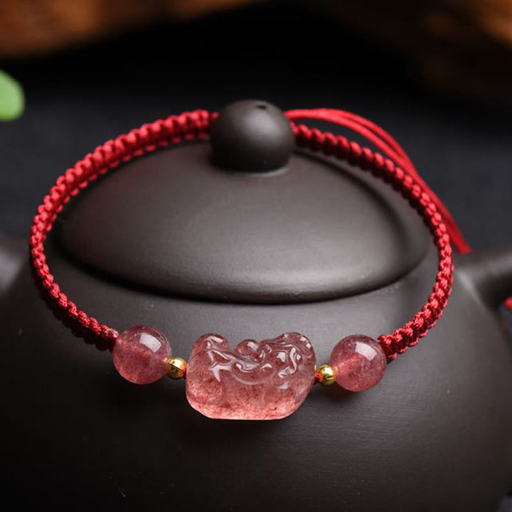 Braccialetto portafortuna rosso con corda PiXiu in quarzo fragola naturale Buddha Stones