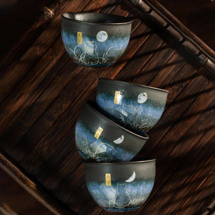 Buddha Stones Tazza da tè in ceramica Lovely Cat Tazze da tè nere 140ml