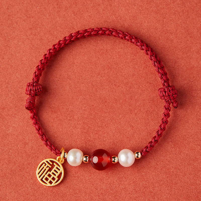 Braccialetto intrecciato in corda rossa con perle di agata e carattere Fu in argento sterling 925 con pietre Buddha Stones