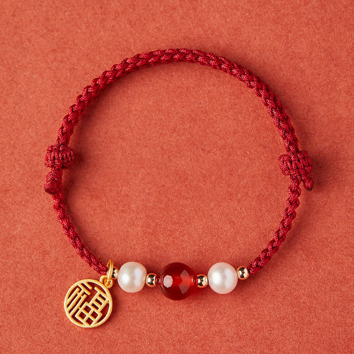 Braccialetto intrecciato in corda rossa con perle di agata e carattere Fu in argento sterling 925 con pietre Buddha Stones