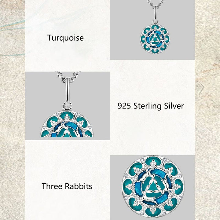 Collana pendente in argento sterling 925 con tre conigli in equilibrio, turchese rotondo , Buddha Stones