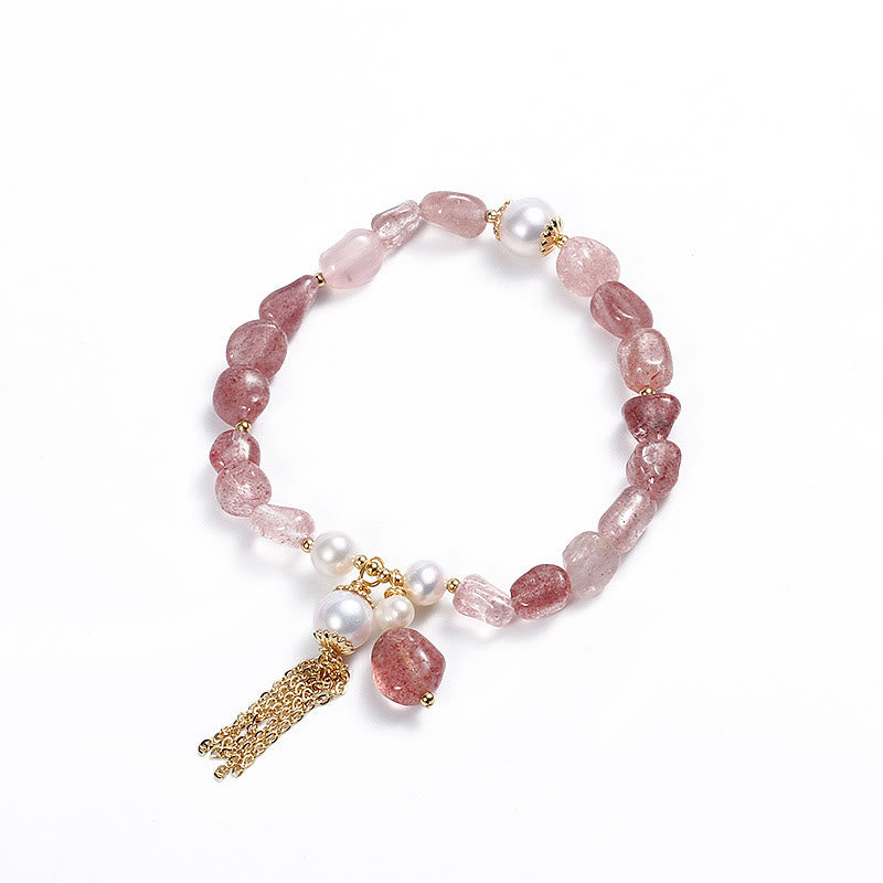Braccialetto di guarigione dell'amore placcato in oro 14k con perle di quarzo fragola naturale
