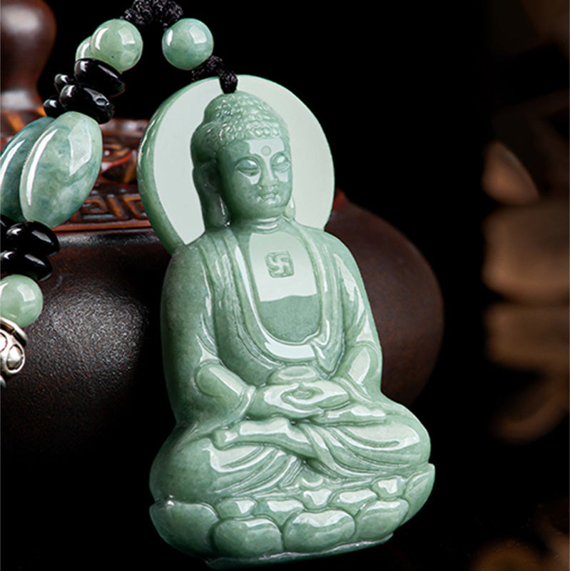 Buddha Stones Amitabha Buddha Amuleto di Giada Collana di Corda della Compassione
