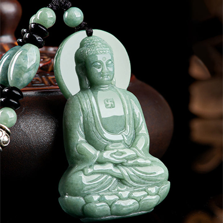 Buddha Stones Amitabha Buddha Amuleto di Giada Collana di Corda della Compassione