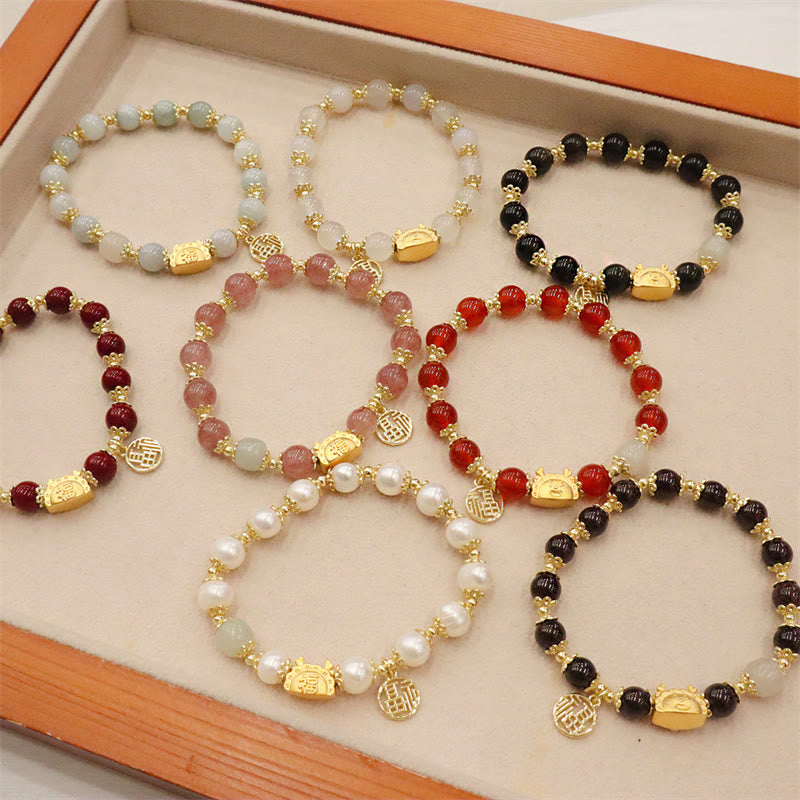 Buddha Stones Anno del Drago Agata Rossa Quarzo Fragola Ossidiana Nera Giada Granato Perla Cinabro Drago Gnocco Fortuna Fu Bracciale Personaggio - image 37