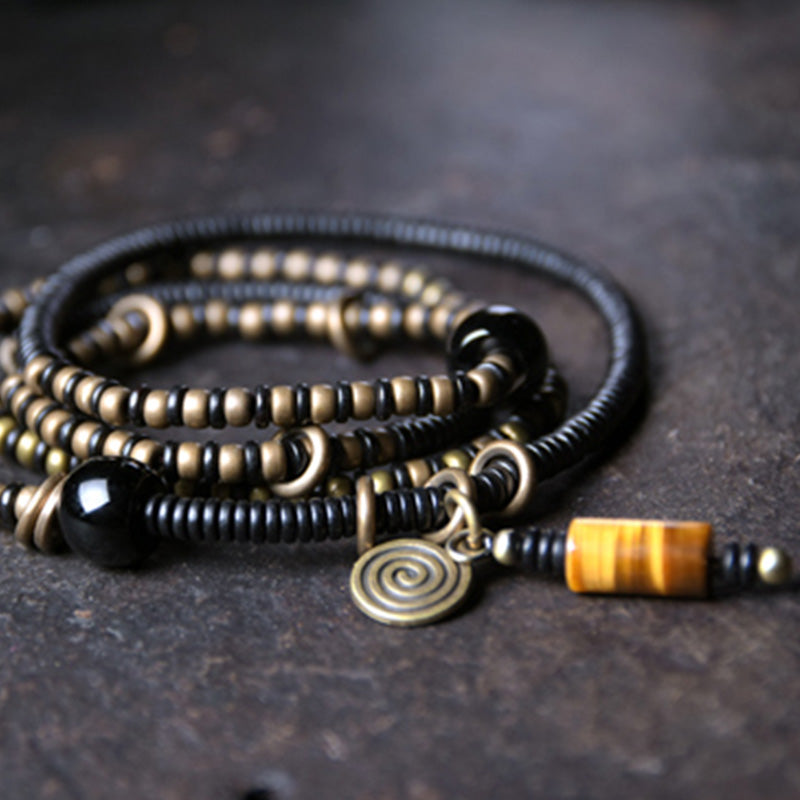 Buddha Stones Legno di ebano Perline Dzi Rame Pace Coppia Bracciale Collana Pendente