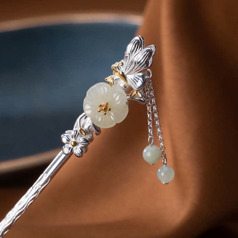 Forcina per capelli con fiore di giada bianca Hetian in argento sterling 925