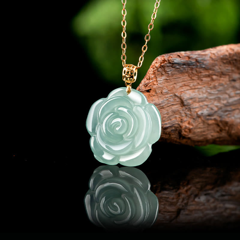 Collana con ciondolo in giada rosa naturale con Buddha Stones in oro 18 carati e argento sterling 925