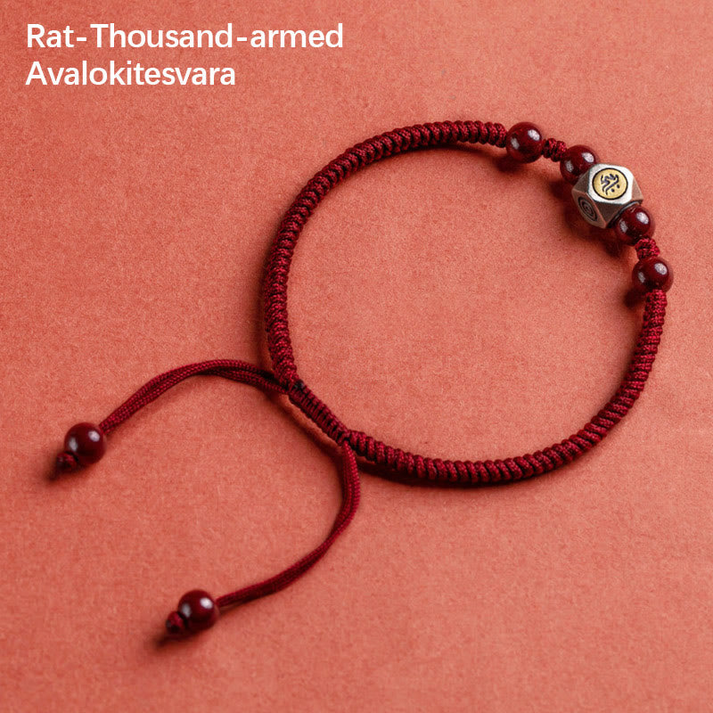 Bracciale Buddha Stones 925 Sterling Silver Zodiaco Cinese Buddha Natale Cinabro Calma - Avalokitesvara dalle mille braccia del ratto - Rosso (circonferenza del polso 14-18 cm) - image 1