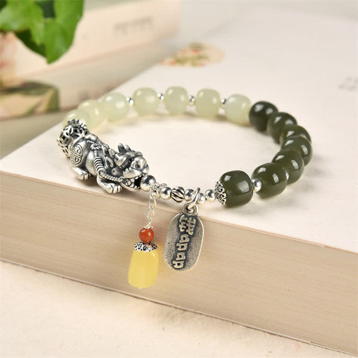 Braccialetto della fortuna PiXiu in argento sterling 925 Buddha Stones e giada naturale di Hetian e ambra