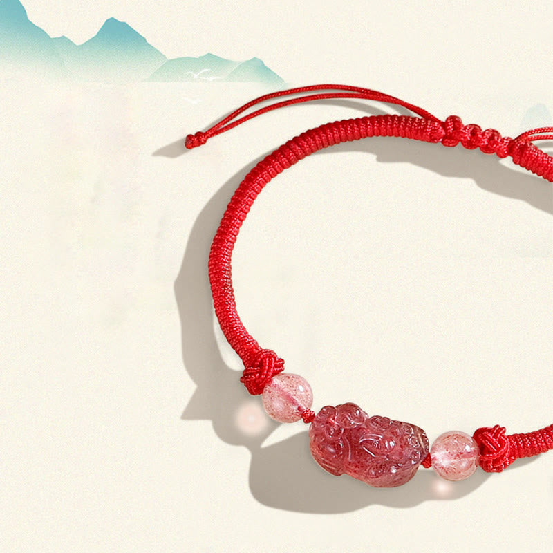 Braccialetto intrecciato di protezione PiXiu in quarzo fragola con ossidiana lucida in argento naturale fatto a mano Buddha Stones