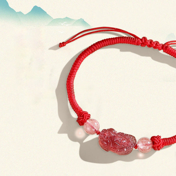 Braccialetto intrecciato di protezione PiXiu in quarzo fragola con ossidiana lucida in argento naturale fatto a mano Buddha Stones