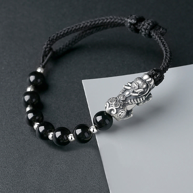Buddha Stones 999 Sterling Silver FengShui PiXiu Ossidiana nera naturale 925 Sterling Silver Bead Strength Bracciale