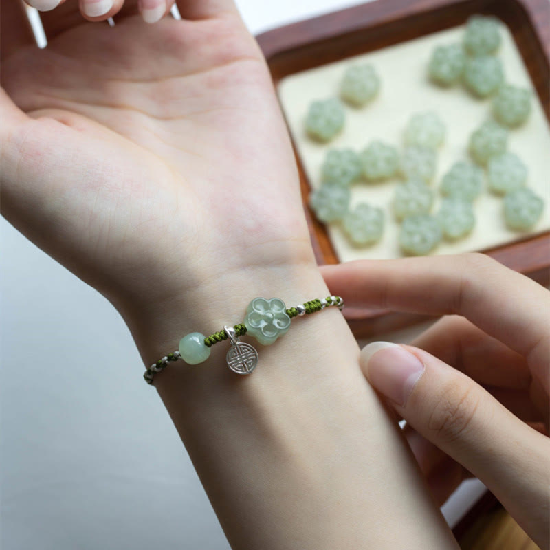 Braccialetto intrecciato con fiori di prugna fatti a mano in giada, fortuna e prosperità, Buddha Stones