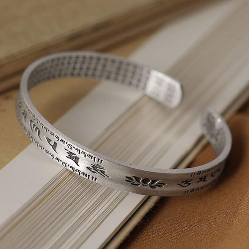 Buddha Stones 999 Sterling Silver Om Mani Padme Hum Lotus Wisdom Bracciale Bangle