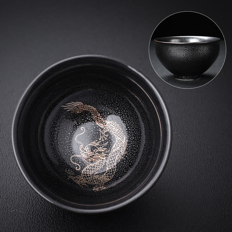 Buddha Stones Tazza da tè in ceramica con foglia d'oro cinese Jianzhan Drago Fenice Loto Avalokitesvara Pesce Koi Tazza da tè Tenmoku Kung Fu Ciotola da tè - image 1