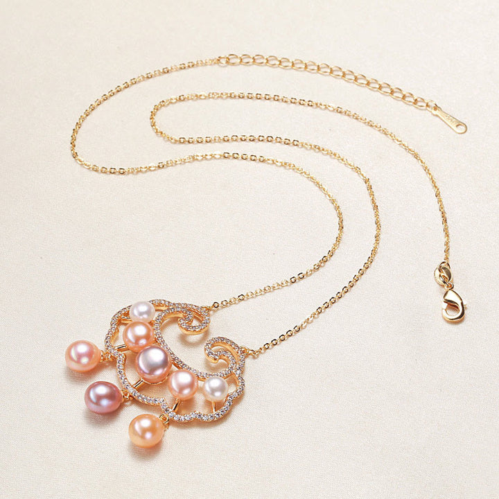 Collana con ciondolo con lucchetto cinese in perle naturali placcate in oro 18 carati, motivo : Buddha Stones