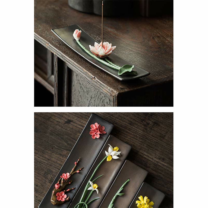 Buddha Stones Lotus Peonia Rosa Fiore Ceramica Bruciatore di Incenso Spirituale