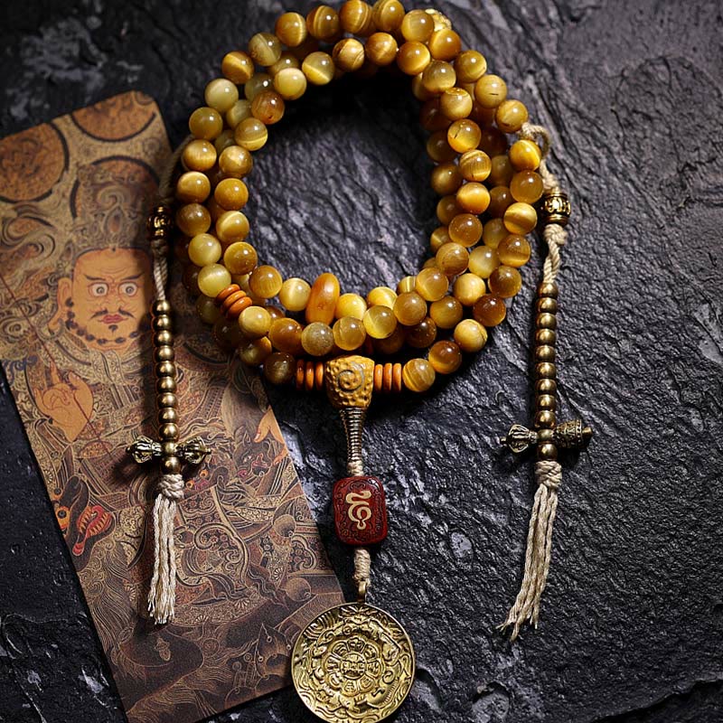 Buddha Stones 108 Mala Beads Natural Tiger Eye Rame Dorje Protezione Nappa Bracciale