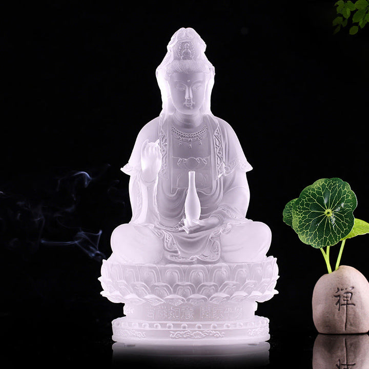 Buddha Stones Kwan Yin Avalokitesvara Figurina fatta a mano Liuli Cristallo Pezzo d'arte Statua della ricchezza Offerta per la casa Decorazione - 23 cm Bianco - image 4