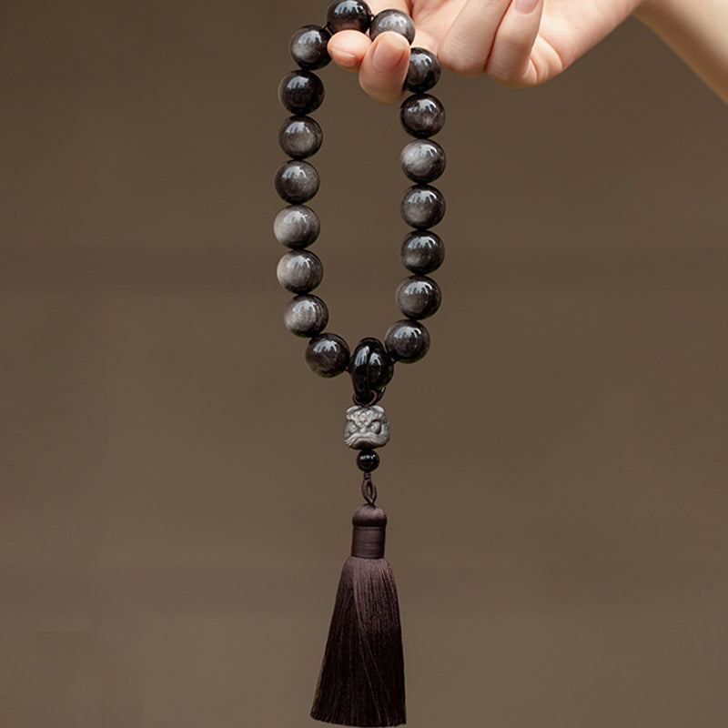 Buddha Stones Argento naturale Ossidiana lucida Ossidiana nera Leone Mala da polso Protezione Nappe Mala tascabile Decorazione per auto