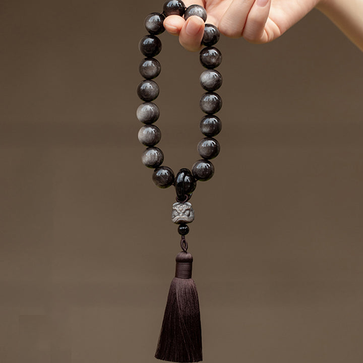 Buddha Stones Argento naturale Ossidiana lucida Ossidiana nera Leone Mala da polso Protezione Nappe Mala tascabile Decorazione per auto
