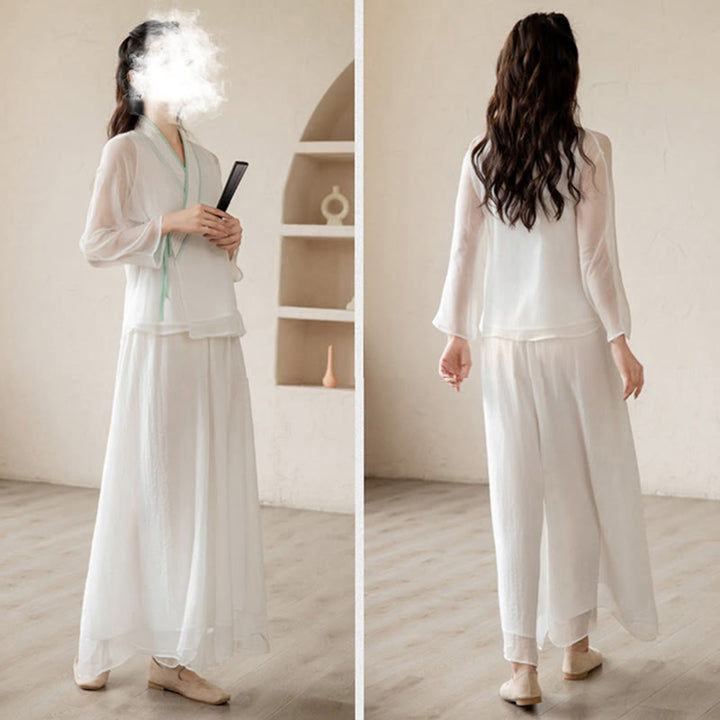 Buddha Stones Retro Preghiera Zen Meditazione Spirituale Pratica Chiffon Abbigliamento Donna Set