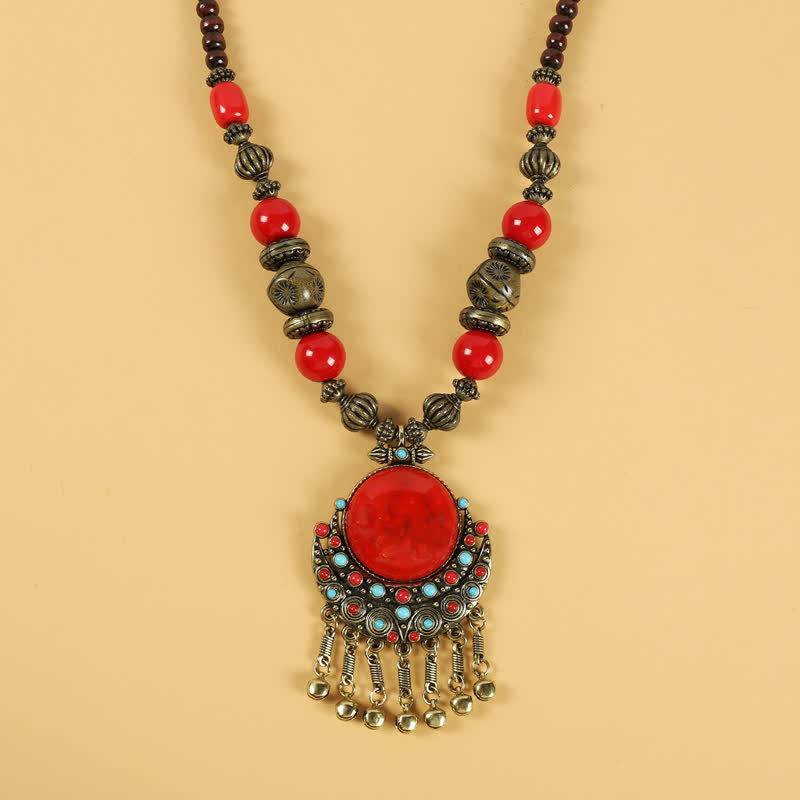 Perline retrò tibetane con nappa per capelli, accessori per capelli - Sole Luna-Rosso - image 0