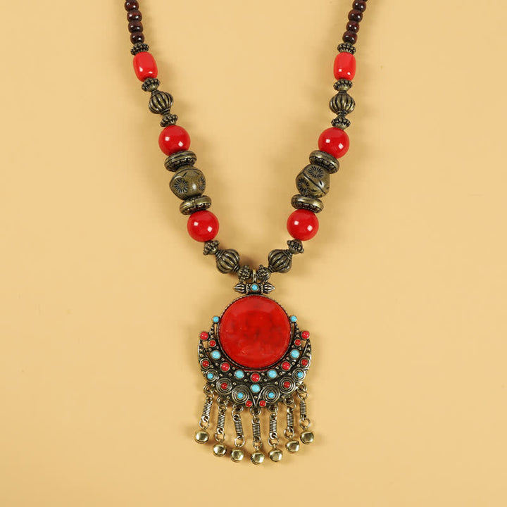Perline retrò tibetane con nappa per capelli, accessori per capelli - Sole Luna-Rosso - image 0
