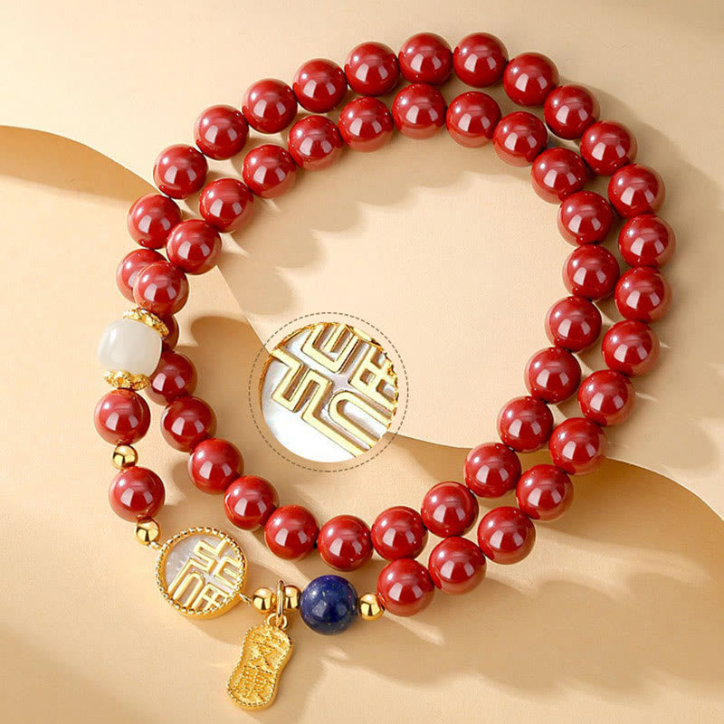 Braccialetto di benedizione a doppio giro con carattere Fu, in argento sterling 925, cinabro e tridacna in pietra Buddha Stones - image 5