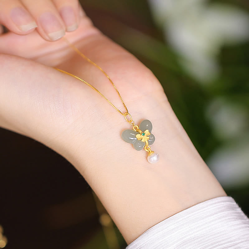 Collana con ciondolo a forma di farfalla Buddha che ride in giada ciano naturale Hetian Jade in argento sterling 925 - Perla farfalla - image 34