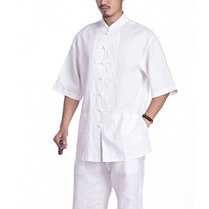 Buddha Stones, rana cinese, bottone, design, meditazione, preghiera, cotone, lino, spirituale, pratica zen, yoga, abbigliamento da uomo - Bianco (manica corta) - US/UK/AU44，EU54 (3XL) - image 21
