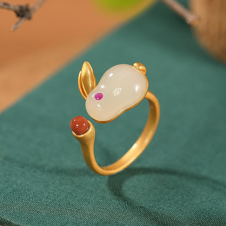 Buddha Stones 925 Sterling Silver Anno del Coniglio Hetian Jade Luck Ring Orecchini Collana Pendente