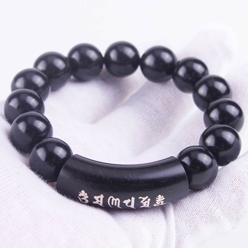 Bracciale intarsiato in legno di ebano con Buddha Stones in argento sterling 999 Om Mani Padme Hum