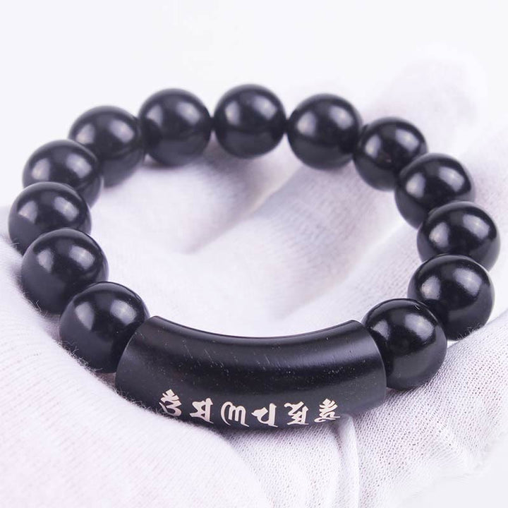 Bracciale intarsiato in legno di ebano con Buddha Stones in argento sterling 999 Om Mani Padme Hum